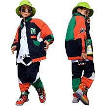 LOLANTA Unisex Kids 80s Tracksuit Hip Hop Dance Outfit Boys Girls Oversized Color Block Jacket Pants 2 Piece Clothing Set