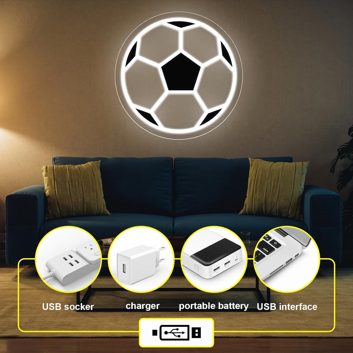 Soccer Neon Sign, Dimmable LED Black White Soccer Neon Light for Wall Decor, Powered by USB Neon Sign Sports Light Up Sign for Teenager Boys Girls Kids Game Room Bedroom Club Decor Kids Gifts