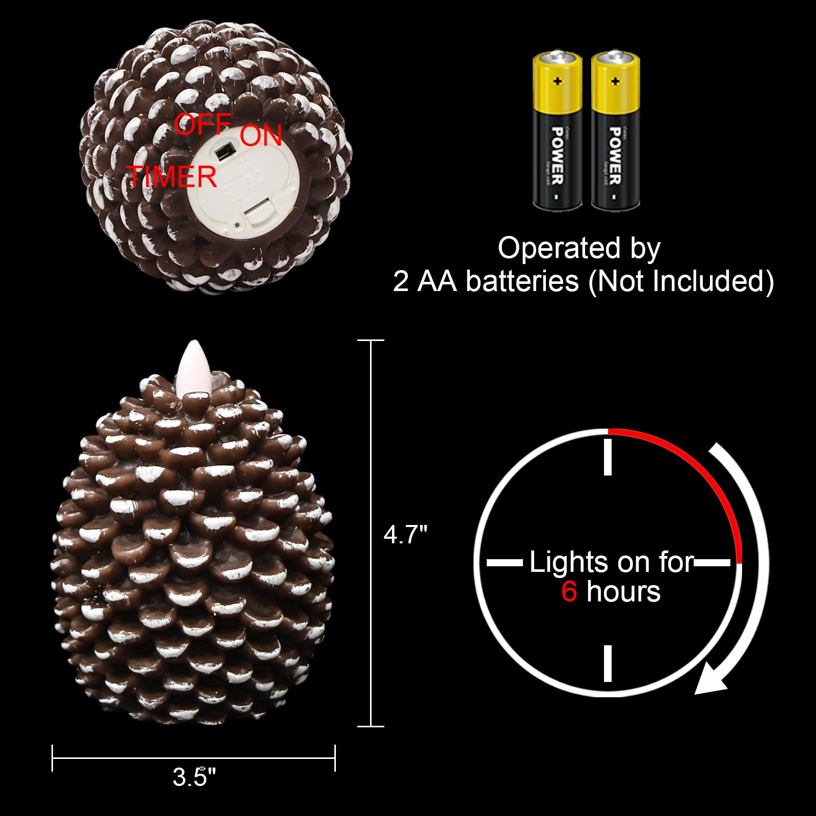 Wondise Candele senza fiamma con timer 6H, stoppino tremolante a batteria, candele in vera cera a forma di pigna, per decorazione di interni e festività, set di 2, marroni (8,9 x 11,9 cm)