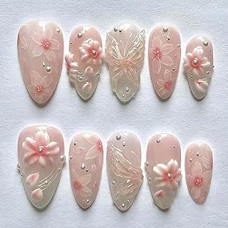 Press on Nails Almond Medium Pink Fake Nails French Tip False Nails Press ons with Flowers Design Glue on Nails Artificial Acrylic Nail Art Glossy Full Cover Stick on Nail Supplies for Women 24Pcs