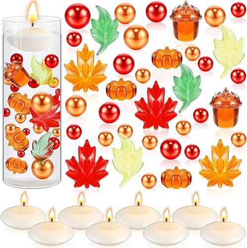 Miniatura 8 de MTLEE 2124 piezas de relleno de jarrón de Acción de Gracias, perlas sintéticas para relleno de jarrón con 8 velas blancas sin perfume, 2000 cuentas