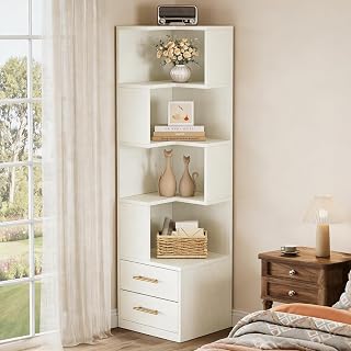 LITTLE TREE 5-Tier Corner Bookshelf with 2 Drawers, 66.9-Inch Tall Corner Shelf Stand, Modern Corner Cabinet Display Rack Shelf for Living Room, Home Office, Bedroom, White