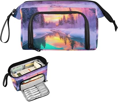 Large Pencil Case Aurora Landscape Winter - Large Capacity Cool Pencil Pouch Portable Handle for School Office Teens Adults