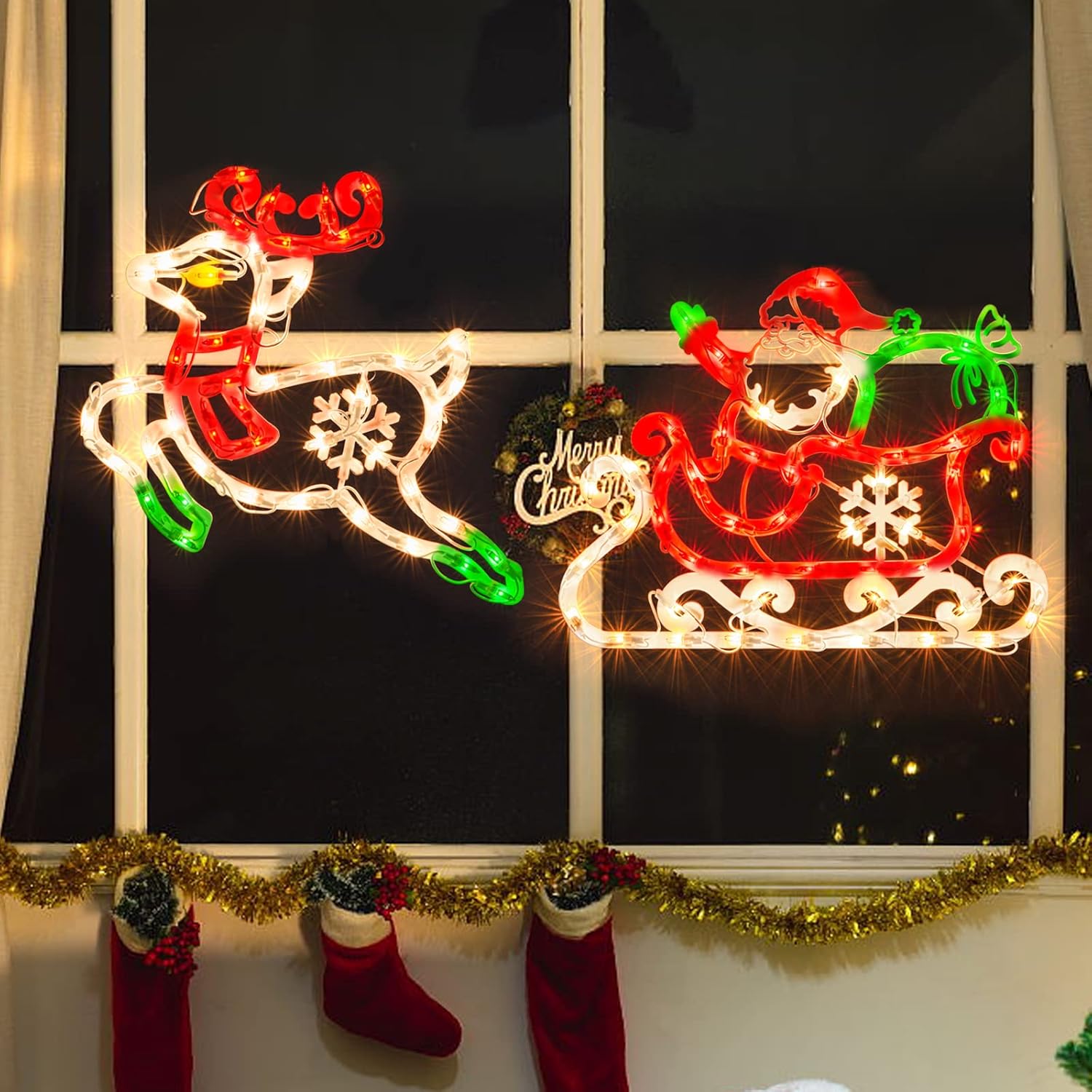 50L16'' 2 Pack Christmas Window Silhouette Lights DecorationsChristmas Sculpture,Including: Reindeer x1,Santa in Sleigh x1