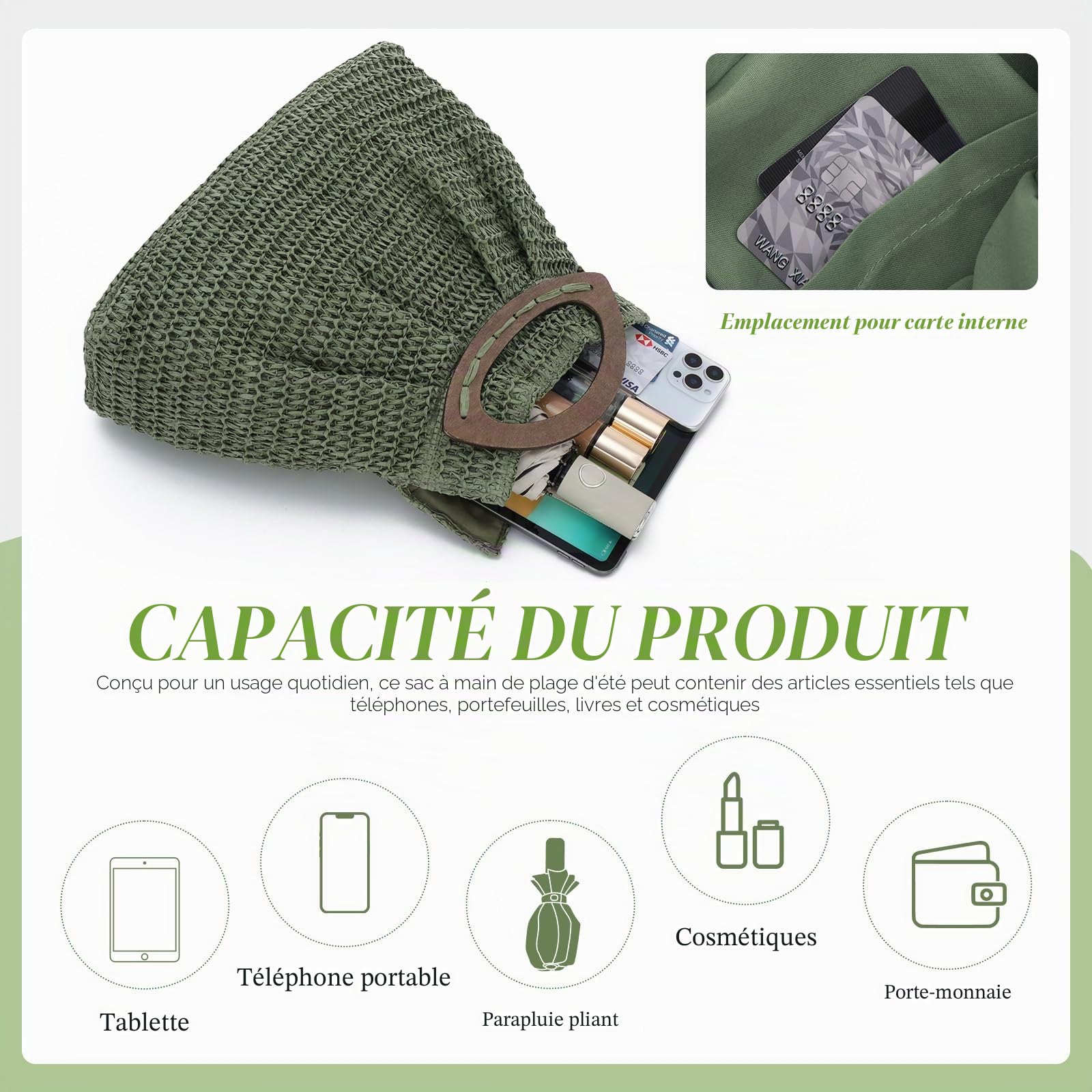Sac à main en Paille pour Femmes - Sac Fourre-tout de Plage d’été Tissé Sac à main en Paille de Voyage avec Poignée en bois pour les Vacances de Fête