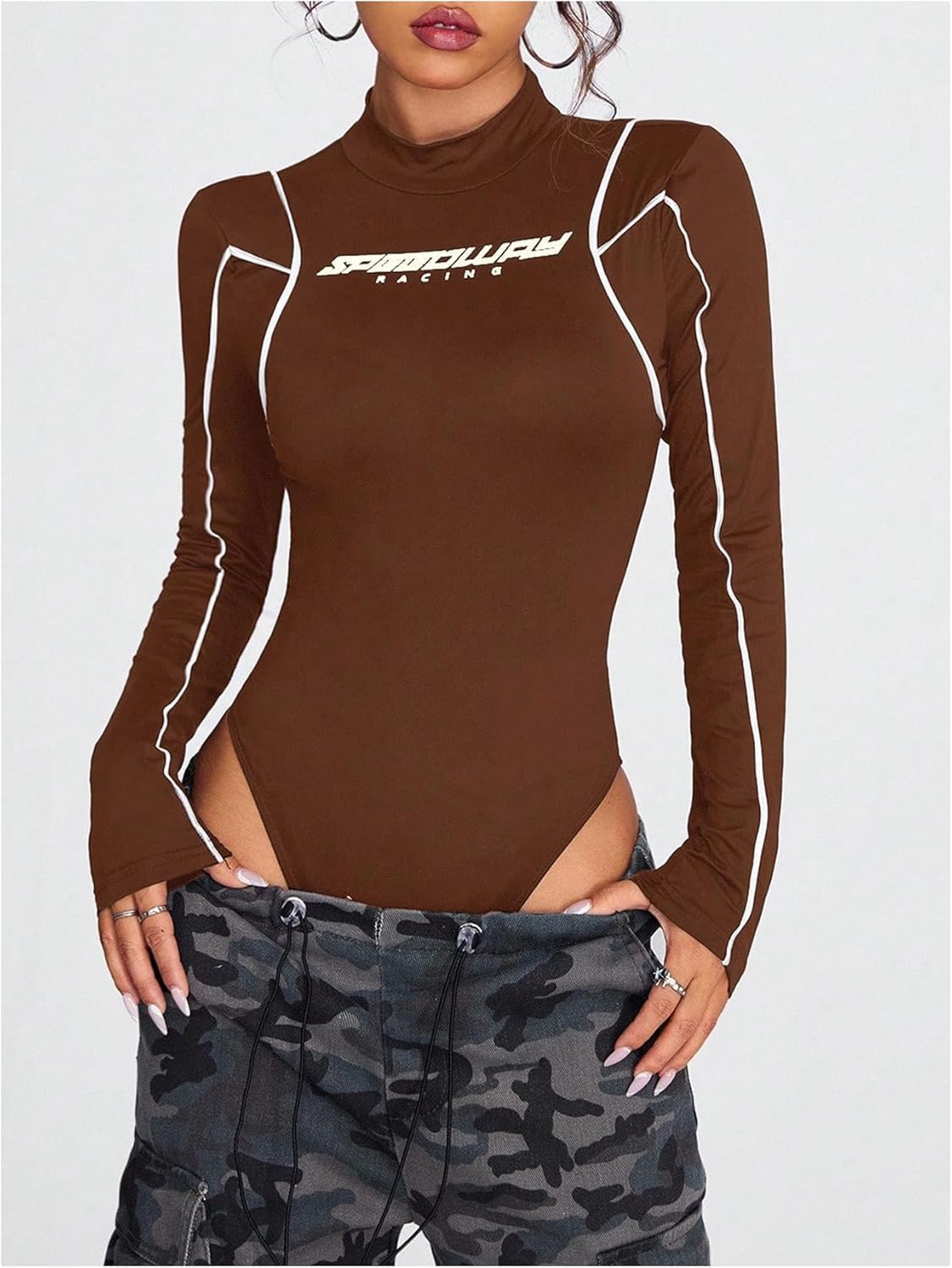 SweatyRocks Women's Mock Neck Long Sleeve Bodysuit Letter Print Body Suits Leotard Thong Bodysuits - Image 3