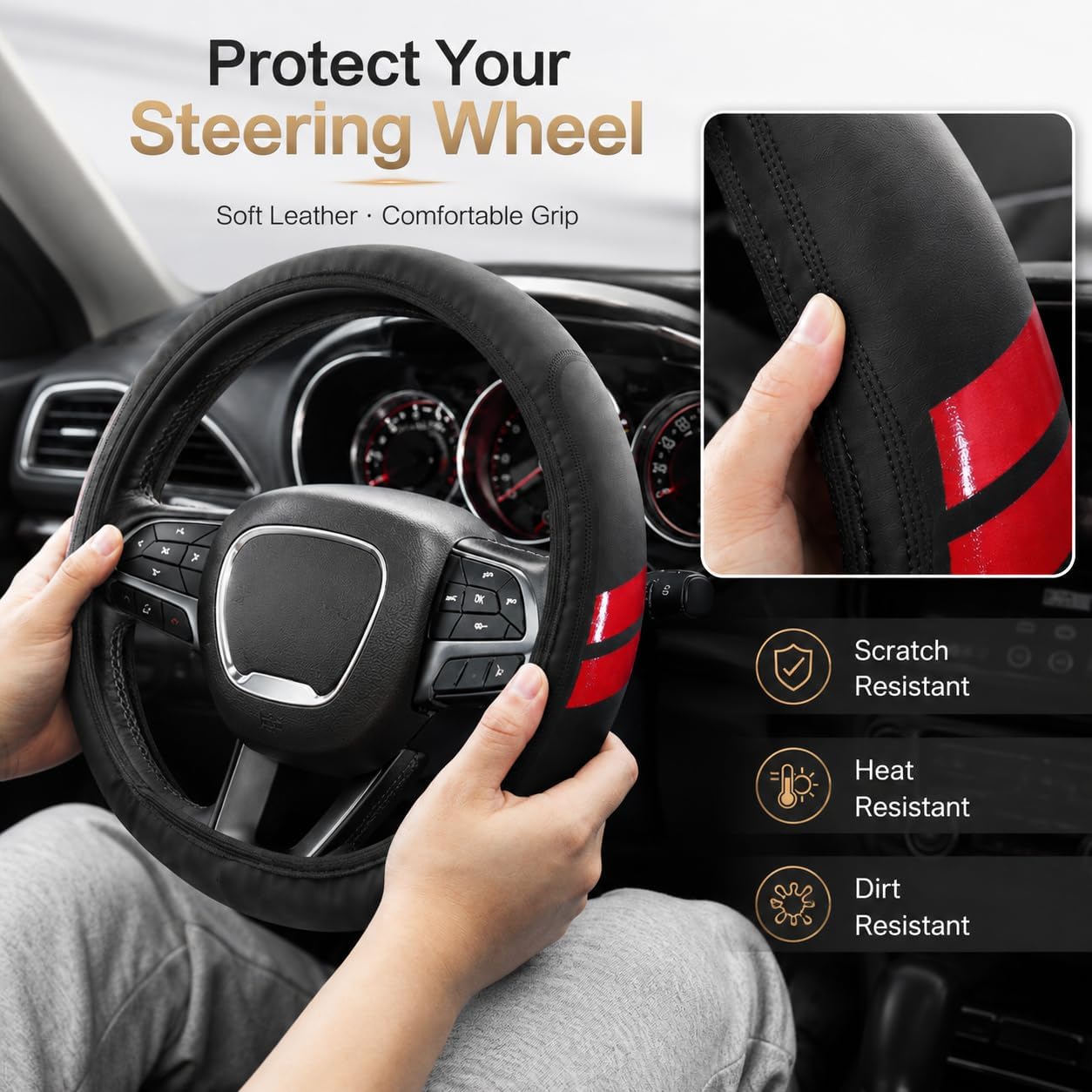 YOSRTER Steering Wheel Cover for Dodge Charger Durango Challenger Journey Ram Breathable Anti-Slip Leather Wheel Covers for Dodge Steering Wheel Accessories Compatible 14-15 Inch（Red Trim）
