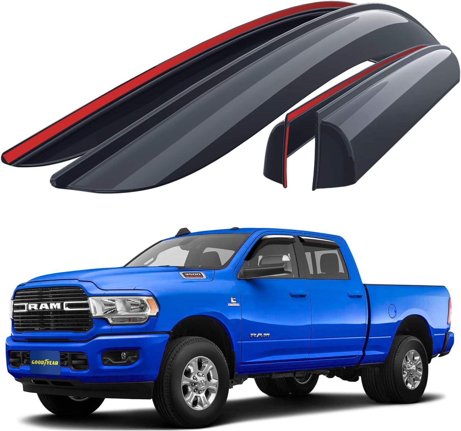 Goodyear Shatterproof Side Window Deflectors for Dodge RAM 2500 3500 2019-2023 Crew Cab, Tape-on Rain Guards, Window Visors, Vent Deflector, Vent Visor, Truck Accessories, 4pcs- GY003106LPv