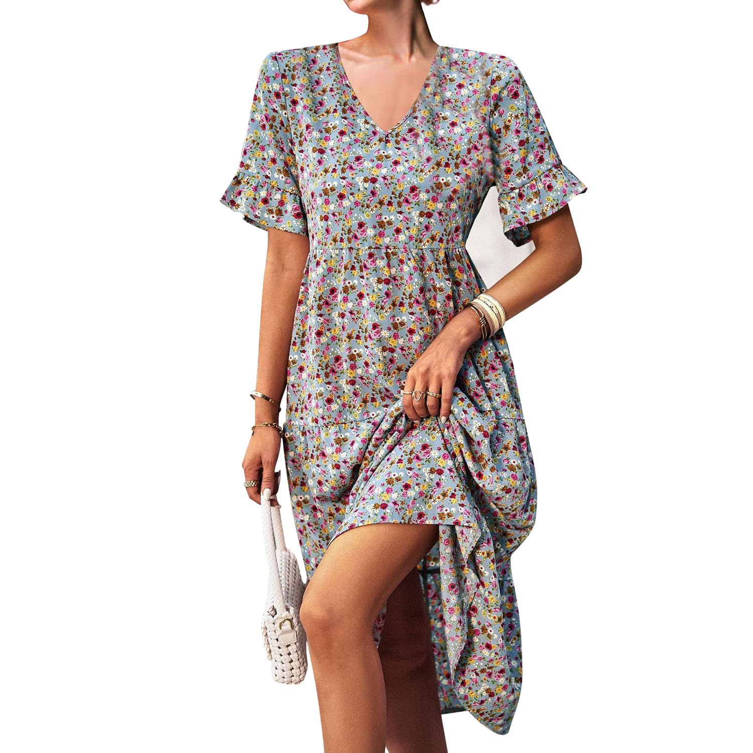 EYYECAN Damen-Sommerkleid, lässig, V-Ausschnitt, Rüschenärmel, gesmokt, hohe Taille, Midi-Kleid