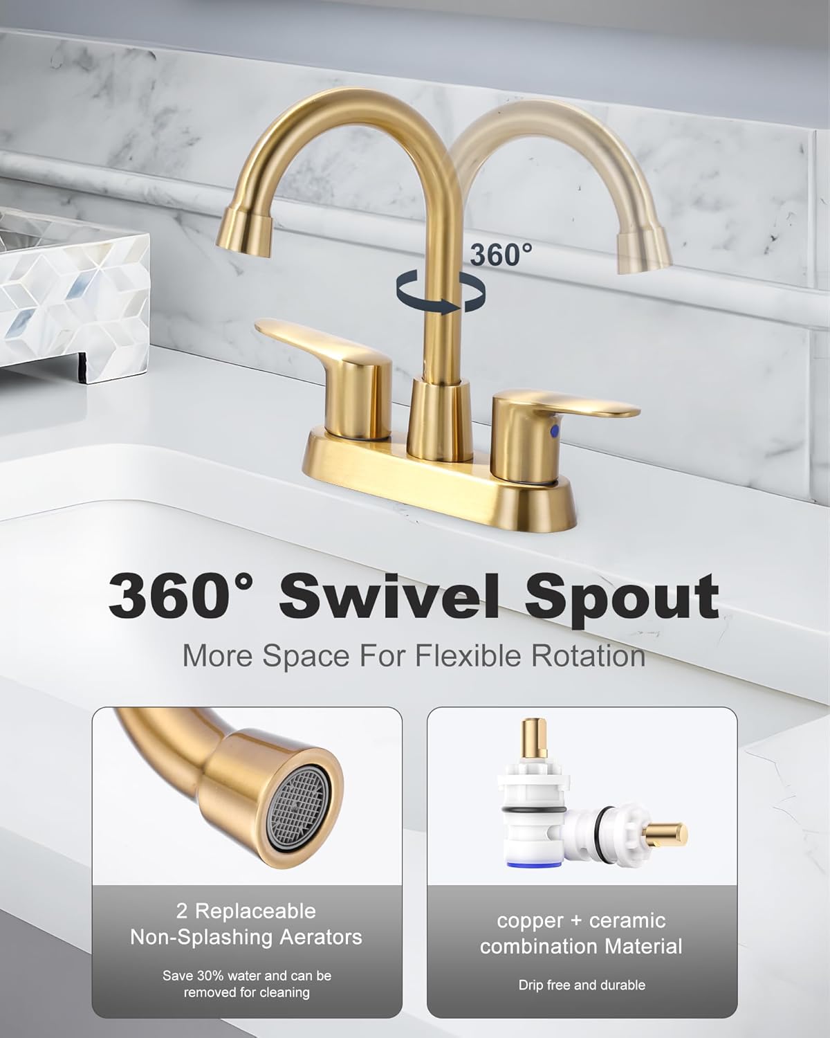 4 Inch Bathroom Faucet 3 Hole, 2 Handle Centerset Bathroom Vanity Sink Faucet, 360° Swivel Spout Lavatory Modern Bathroom Faucets with Pop-up Drain Assembly and 2 Hoses(Gold)