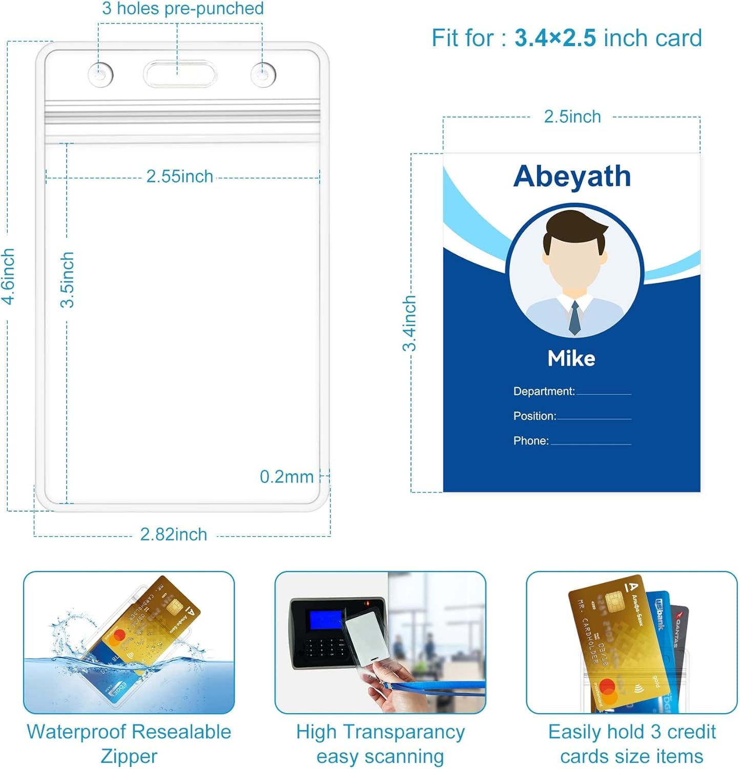 ABEYATH 1000 Pack Extra Thick ID Card Name Badge Holder Heavy Duty Waterproof Clear Plastic PVC Vertical Sleeve Pocket Resealable