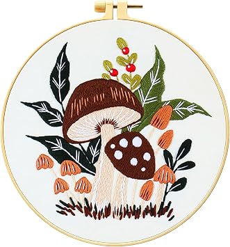 Zhenqing Mushroom Embroidery Kit for Beginners, Woodland Botanical Needlework Kit with Pre-Printed Fabric, Hoop, Threads & Tools, Cottagecore Wall Decor S-CX0910