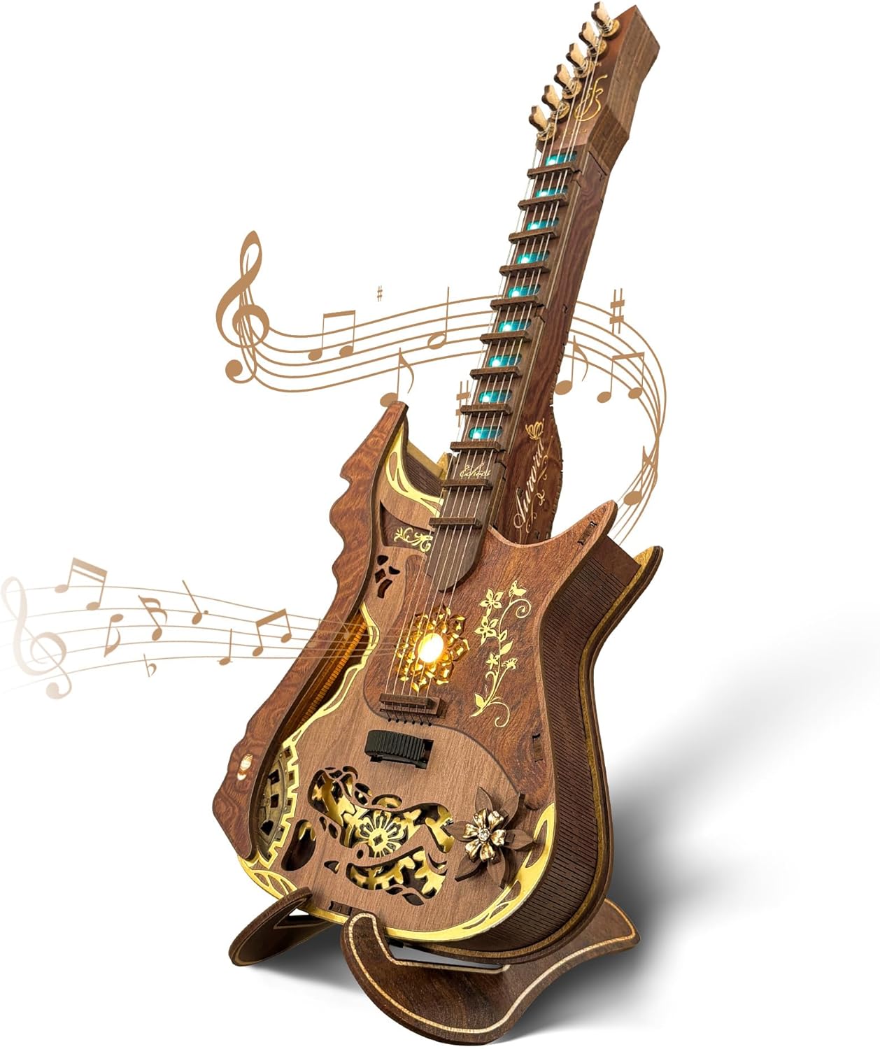 LED 3D Wooden Puzzle Chords Guitar Kit, Playable Acoustic Guitar Puzzle Model with LED Lights, DIY Mechanical Music Craft for Adults and Teens