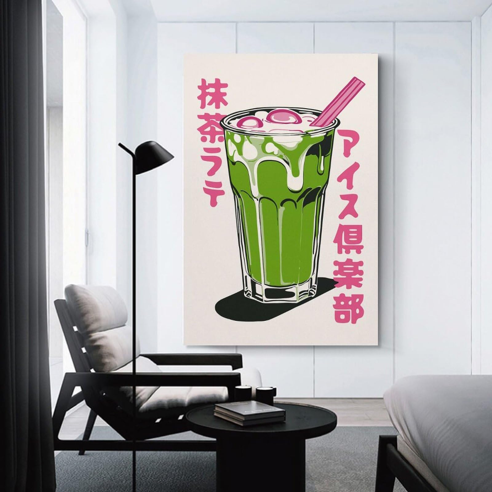Junmoney Matcha Latte Illustration Canvas Wall Decor, 12x18inch(30x45cm), for Gallery Wall Decor And Room Displays, Wall Decor Suited to Curated Displays