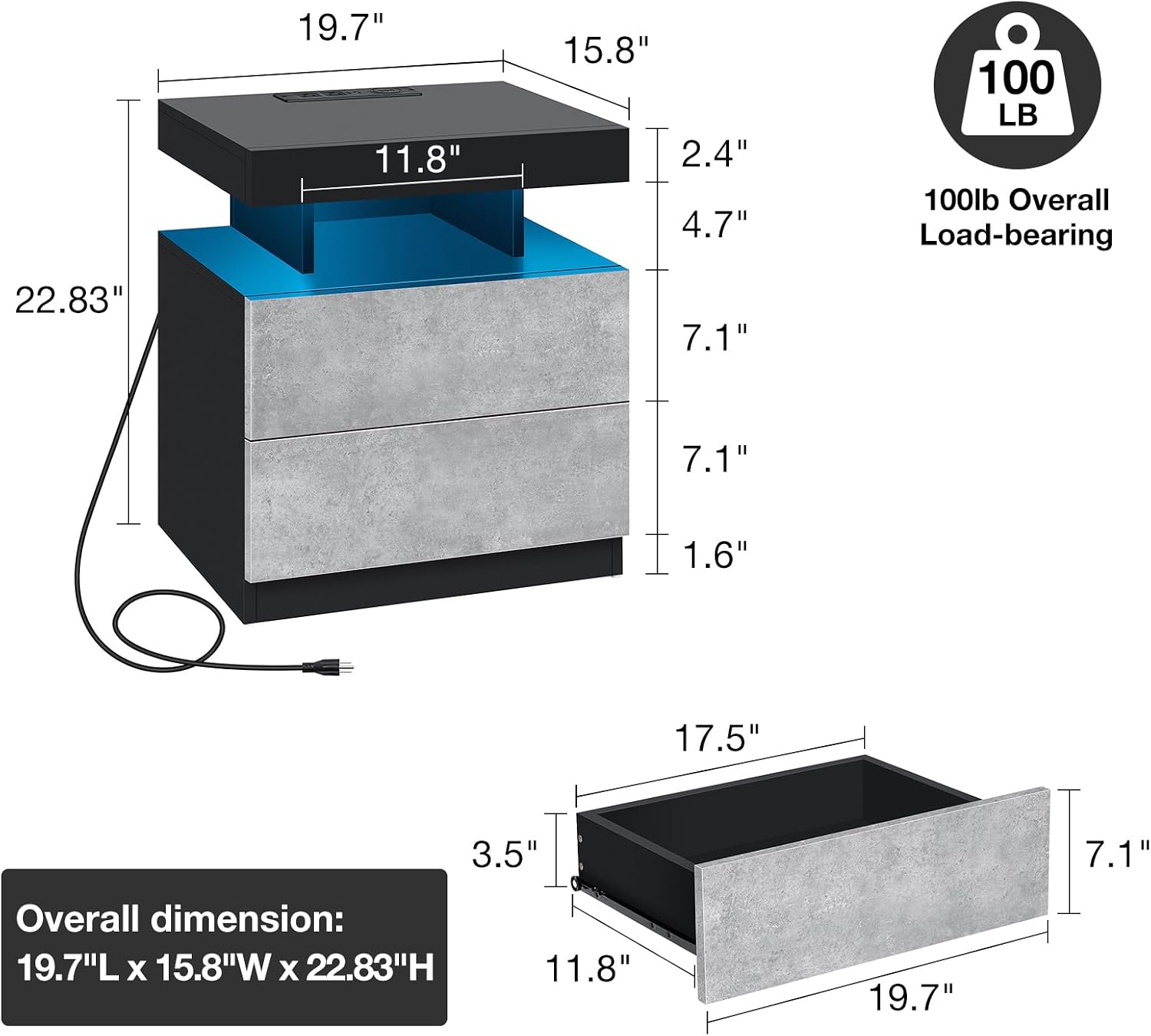 HOMMPA Set of 2 LED LED Nightstands with Wireless Charging Station Concrete Gray Matte Bedside Table with Led Light Smart Nightstand USB Port Night Table with 2 Drawers LED Night Stand for Bedroom