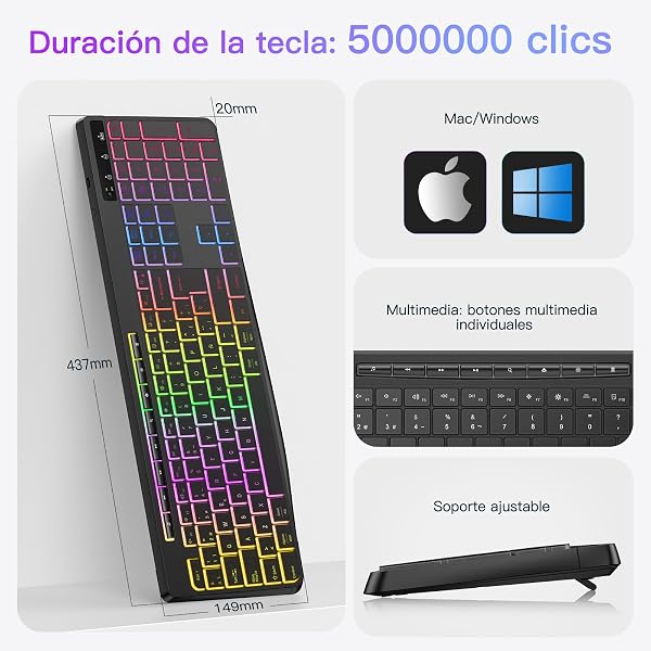 TECURS Teclado Gaming inalámbrico- Teclado QWERTY Silencioso, Ergonómico, Impermeable, 2.4Ghz LED Retroiluminado, Anti-Ghosti - 4