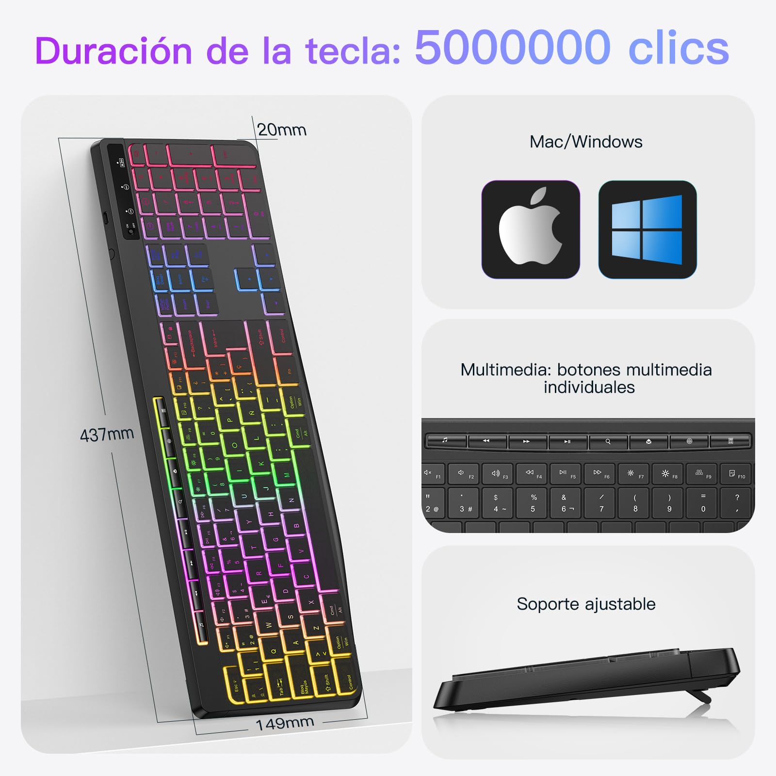 TECURS Tastiera Gaming Wireless - Tastiera QWERTY silenziosa, ergonomica, impermeabile, 2,4 GHz LED tastiera illuminata per PC/computer/Mac/Windows con tasti multimediali
