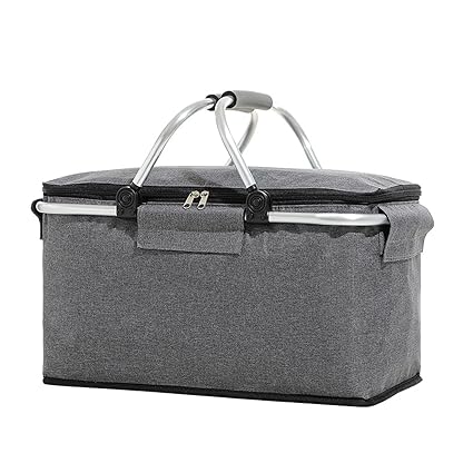Insulated Bag Picnic Basket Leakproof Portable Grocery Bag with Aluminium Handle Bag for Travel Food Storage Basket with Lid Insulated Picnic
