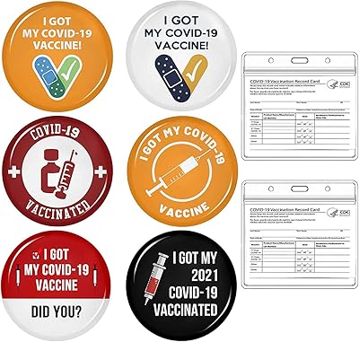 ANOVEL Vaccinated Pin Buttons I Got My Covid 19 Vaccine Pins Badge with CDC Vaccination Card Protectors,6 Pins + 2 Card Holders