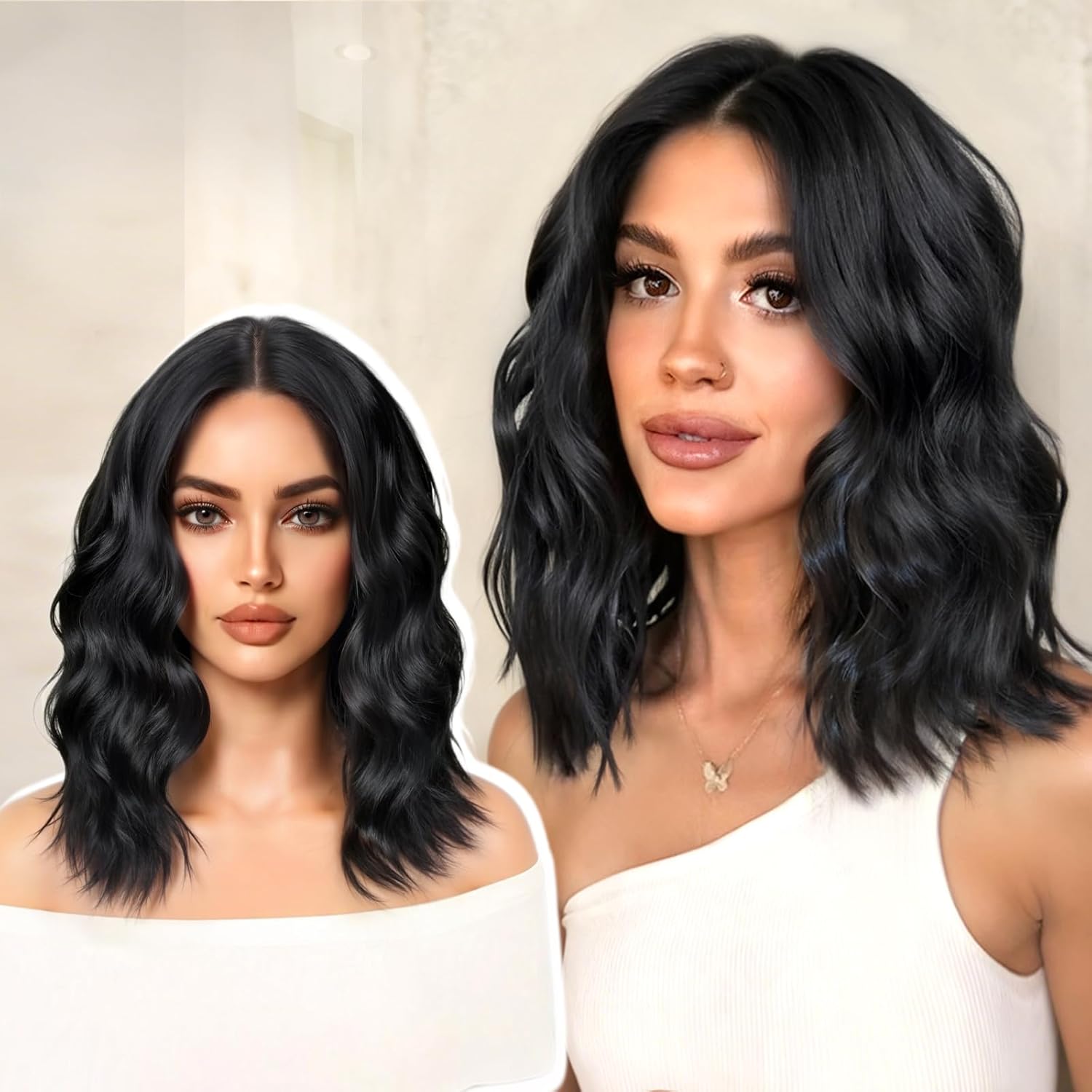 14 Inch Short Wavy Wigs for Women Natural Curly Bob Style 6x4 Glueless Synthetic Lace Front Wig Pre Plucked Pre Cut Hairline Daily Party Use（Black）