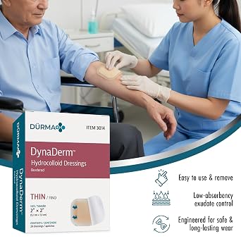 Dynarex Durma+ DynaDerm Hydrocolloid Dressing - Sterile Bordered Wound Patch - Water-Resistant - Flexible Protection - Thin - 2 x 2 - 20 per Box, 12 Boxes per Case