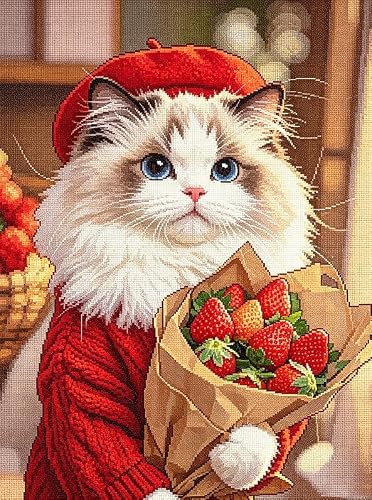 FanZheZhe Printed Cross Stitch Kits for Adults Beginners 11 Count Counted Stamped Pre Printed Cross Stitch Embroidery Kits DIY Home Decoration Cat and Strawberry 40x50cm