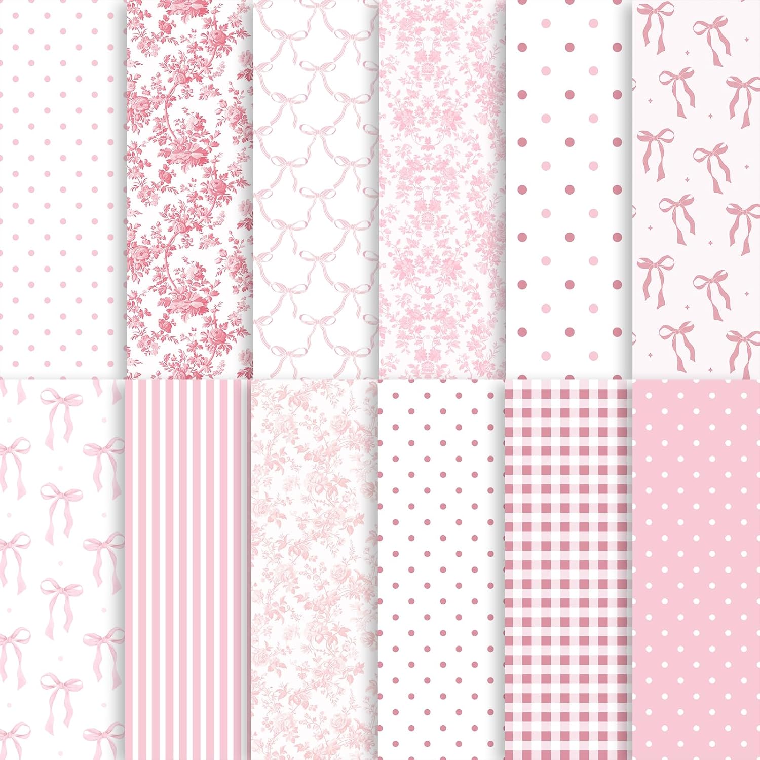 24 Sheets Preppy Pink Bow Scrapbook Paper, Coquette Bow Ribbon and Floral Decorative Craft Paper Folded Flat for Birthday Wedding Baby Shower Card Making Photo Album Decor, 12'' x 12''