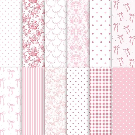 24 Sheets Preppy Pink Bow Scrapbook Paper, Coquette Bow Ribbon and Floral Decorative Craft Paper Folded Flat for Birthday Wedding Baby Shower Card Making Photo Album Decor, 12'' x 12''