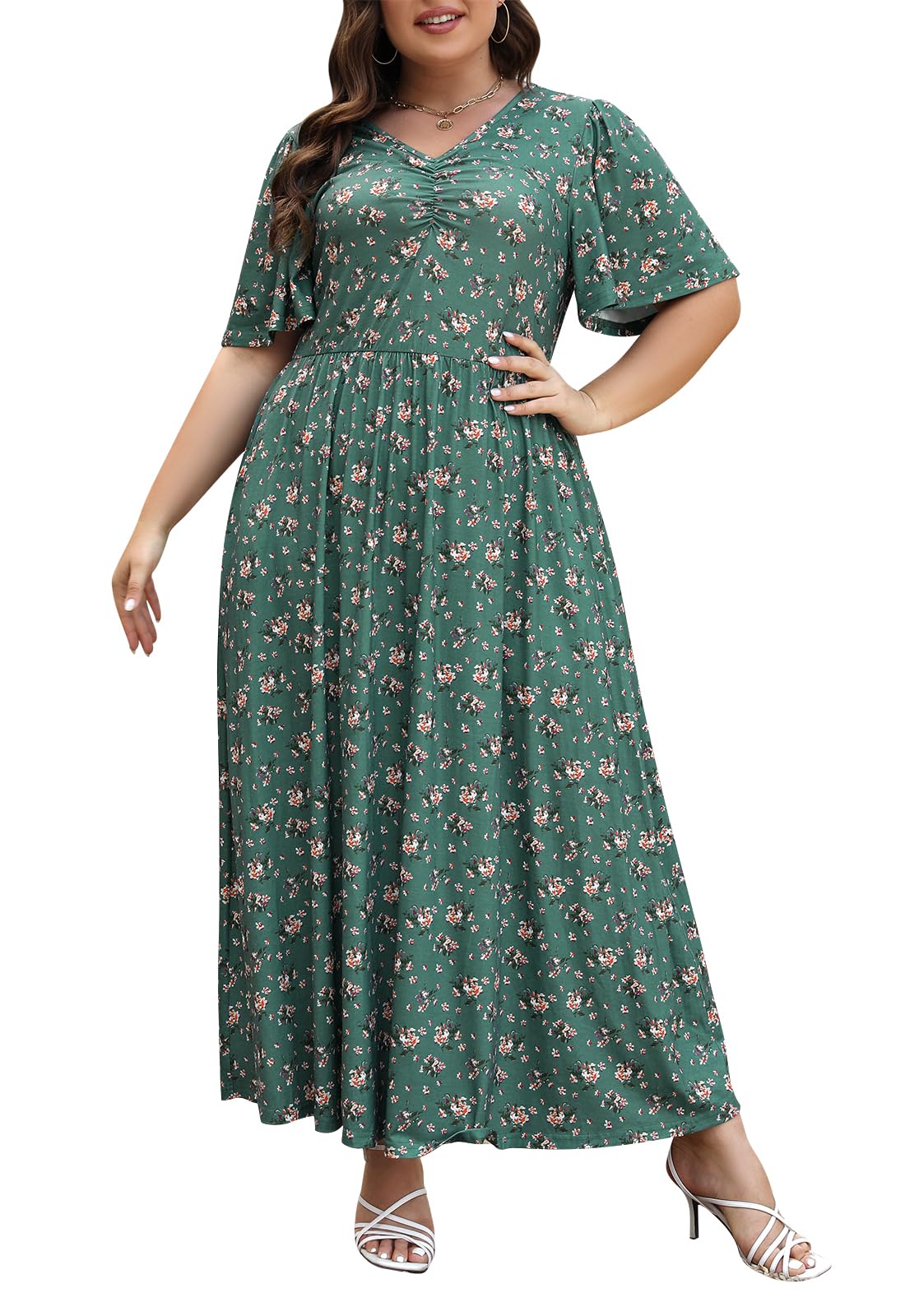 Keluummi Plus Size Wedding Guest Maxi Dresses for Curvy Women, Summer Floral 3/4 Sleeve Long Party Dresses with Pockets