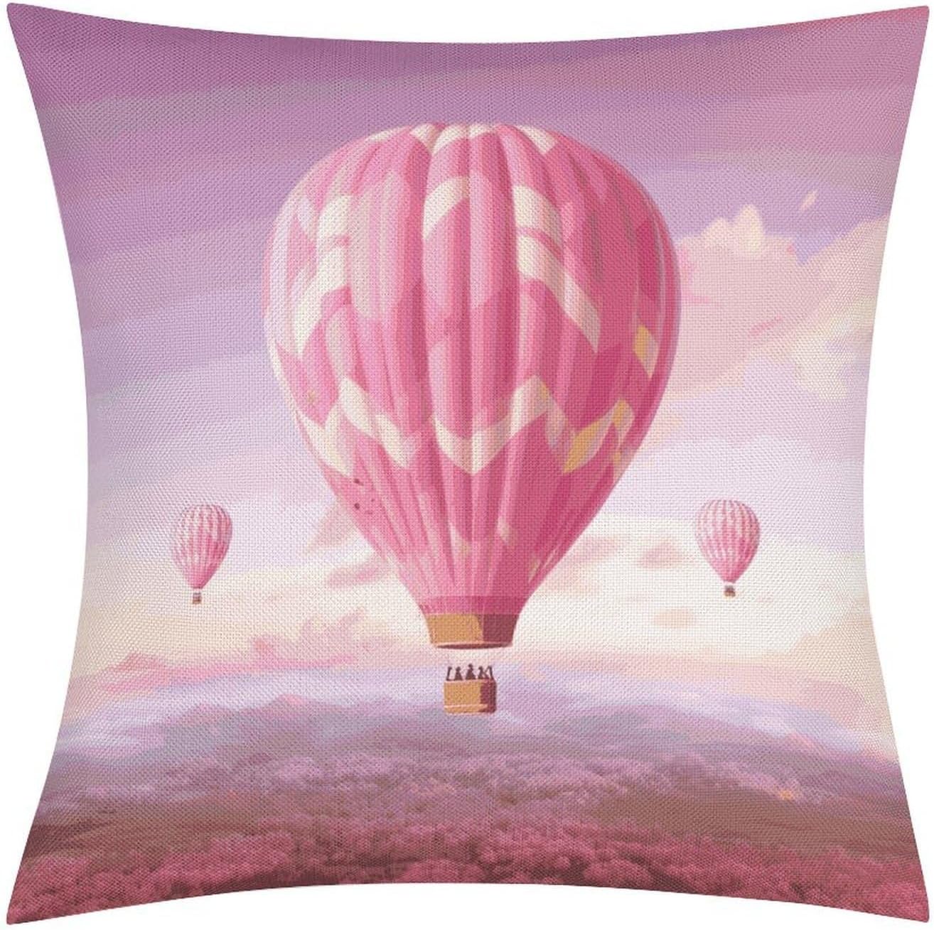Pink Hot Air Balloon Pillow Protectors Cute Waterproof Pillow Cover Soft Skin-Friendly Cushion Case Decorative Square Cushion Cover for Couch Sofa Bed Living Room Bedroom