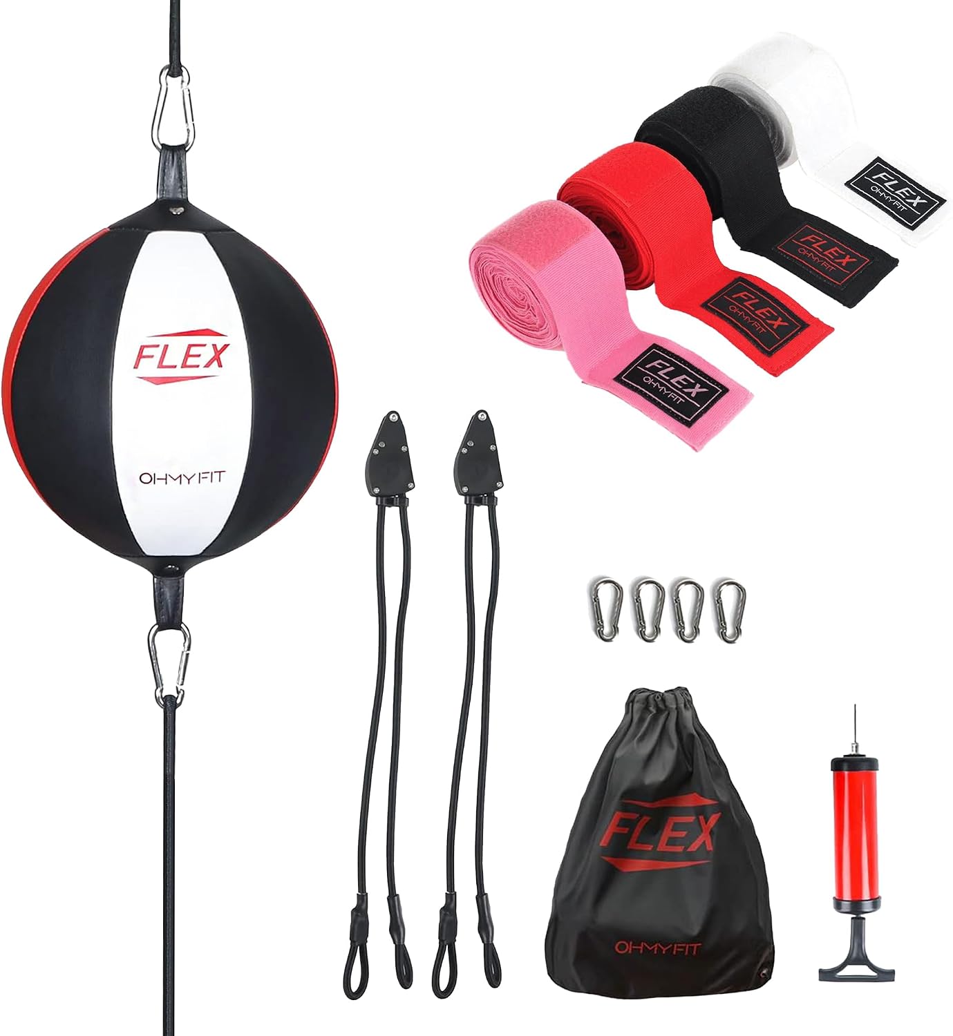 OHMYFIT Flex Double End Punching Bag with Special Flex System Bungee Cords and 236" Flex Boxing Hand Wraps (White, Pink, Black, Red) Bundle - Complete Home & Gym Exercise Equipment Set for Men & Women