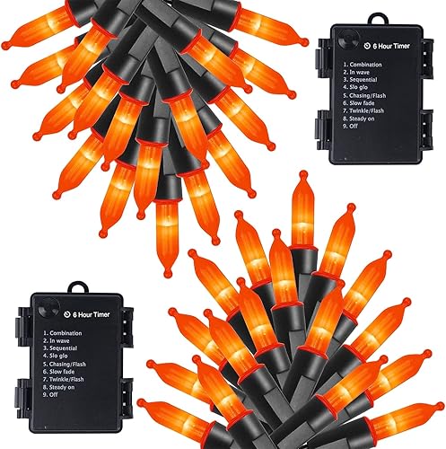 Miniatura 1 de WATERGLIDE Paquete de 2 50 luces LED de Halloween al aire libre, 16 pies con 8 modos, luces de árbol impermeables a pilas para interiores y