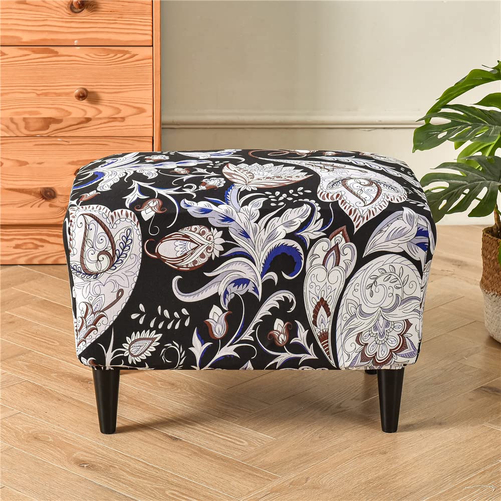 Highdi Black Luxury Floral Stretch Ottoman Cover Rectangle Footstool Slipcover With Elastic Bottom, Removable Washable Pouffe Cover Footrest Stool Cover For Living Room Bedroom (Black)