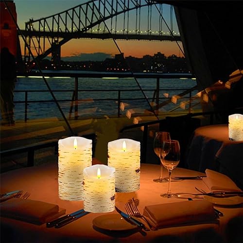 Miniatura 7 de Juego de 3 velas sin llama de corteza de abedul, velas parpadeantes de 4" 5" 6" operadas por baterías con control remoto, vela eléctrica con