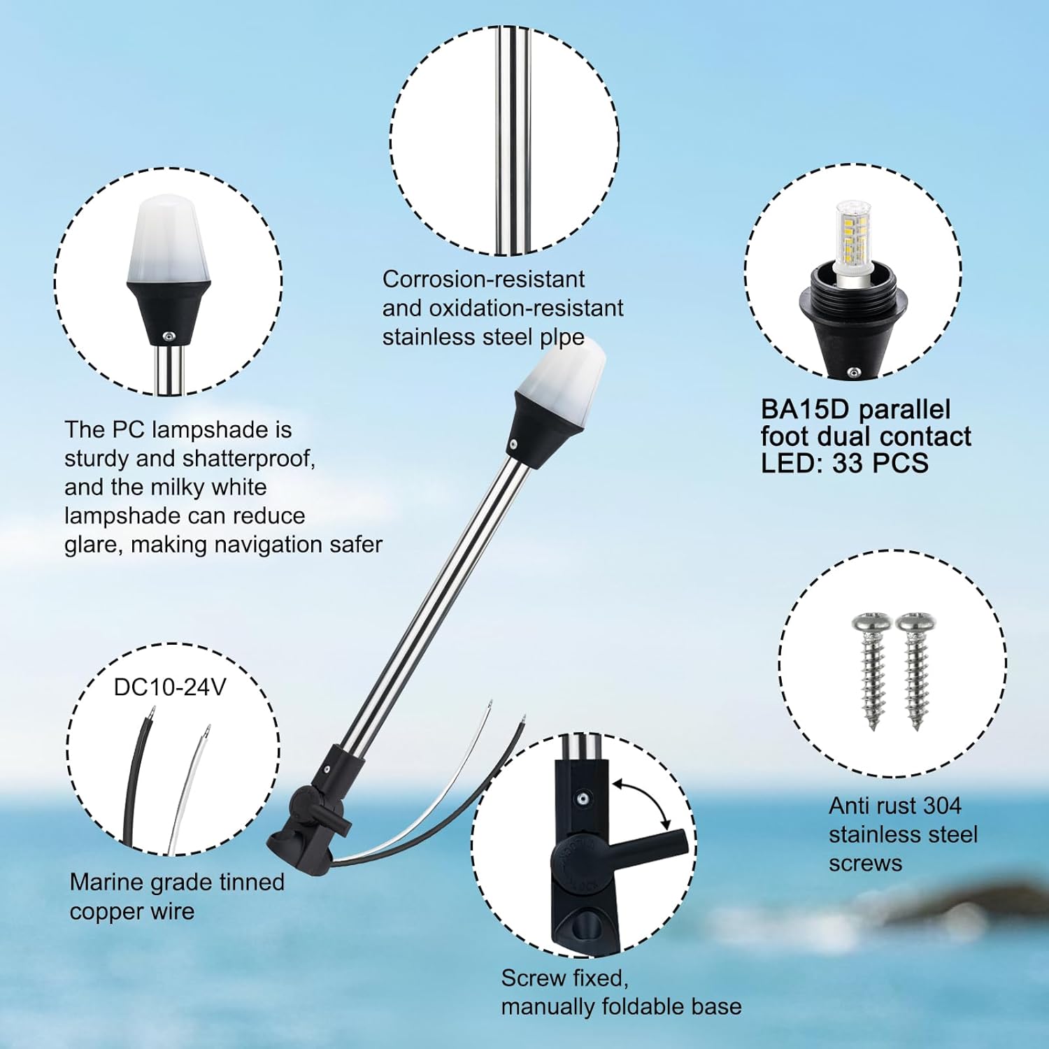 Stern Lights for Boats,All Round Led Anchor Light,Bimini Top Light,Base Foldable,LED Detachable,16Inche,for Pontoon Marine Navigation
