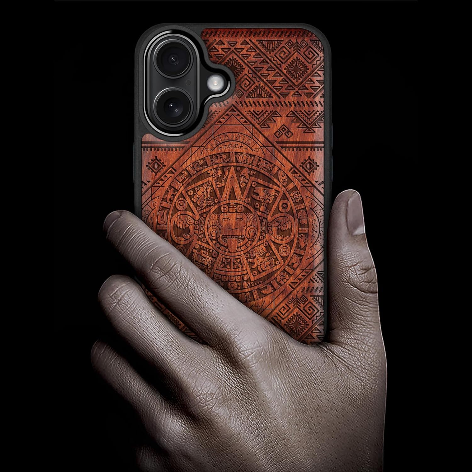 Carveit Magnetic Wooden Case for iPhone 16 Case, Wood Artisan Engraved & Black Soft TPU Shockproof Cover, Compatible with MagSafe Wireless Chargers (Aztec Calendar) Rosy