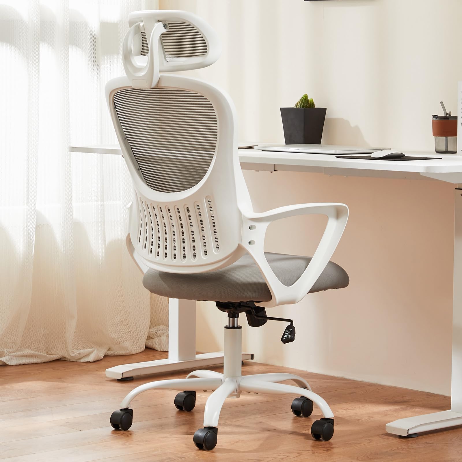 Sweetcrispy Office Computer Desk Chair, Ergonomic High-Back Mesh Rolling Work Chairs with Wheels and Adjustable Headrests, Comfortable Lumbar Support, Comfy Armrest for Home, Bedroom, Study, Grey