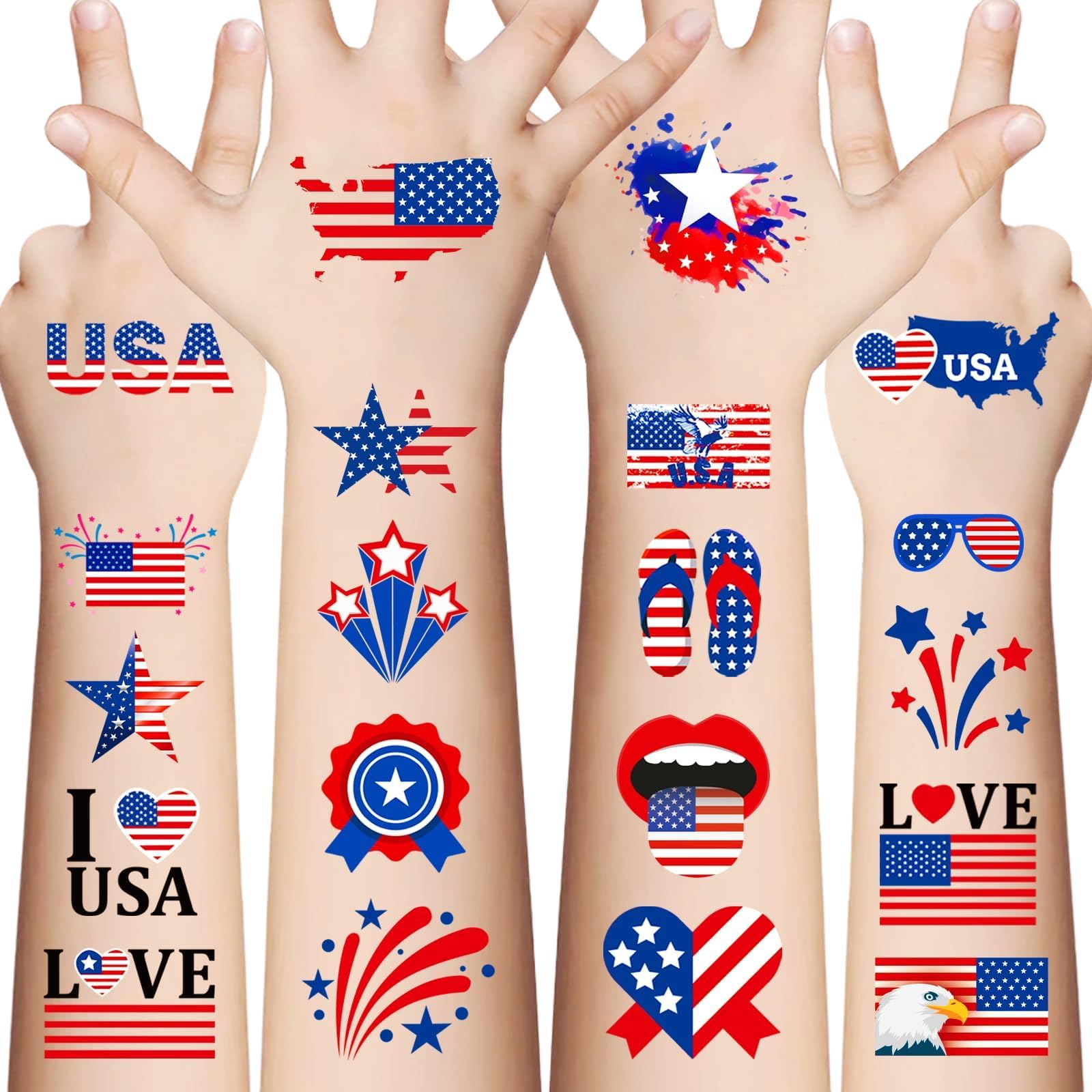 90Pcs Fourth of July Temporary Tattoos,American Flag Red White and Blue Fake Tattoo Stickers, 4th of July,USA Party Favors,Memorial Day, Independence Day, Labor Day Decorations Party Supplies