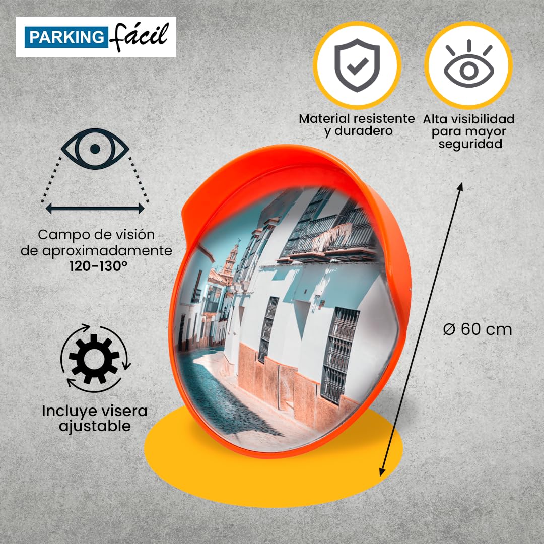 PARKING FACIL | Espejo de Tráfico Convexo Ø 60 cm de Seguridad | Soporte para Poste | Eliminación de Puntos Ciegos en Interiores y Exteriores | Superficie Flexible y Resistente | Ajustable y Preciso