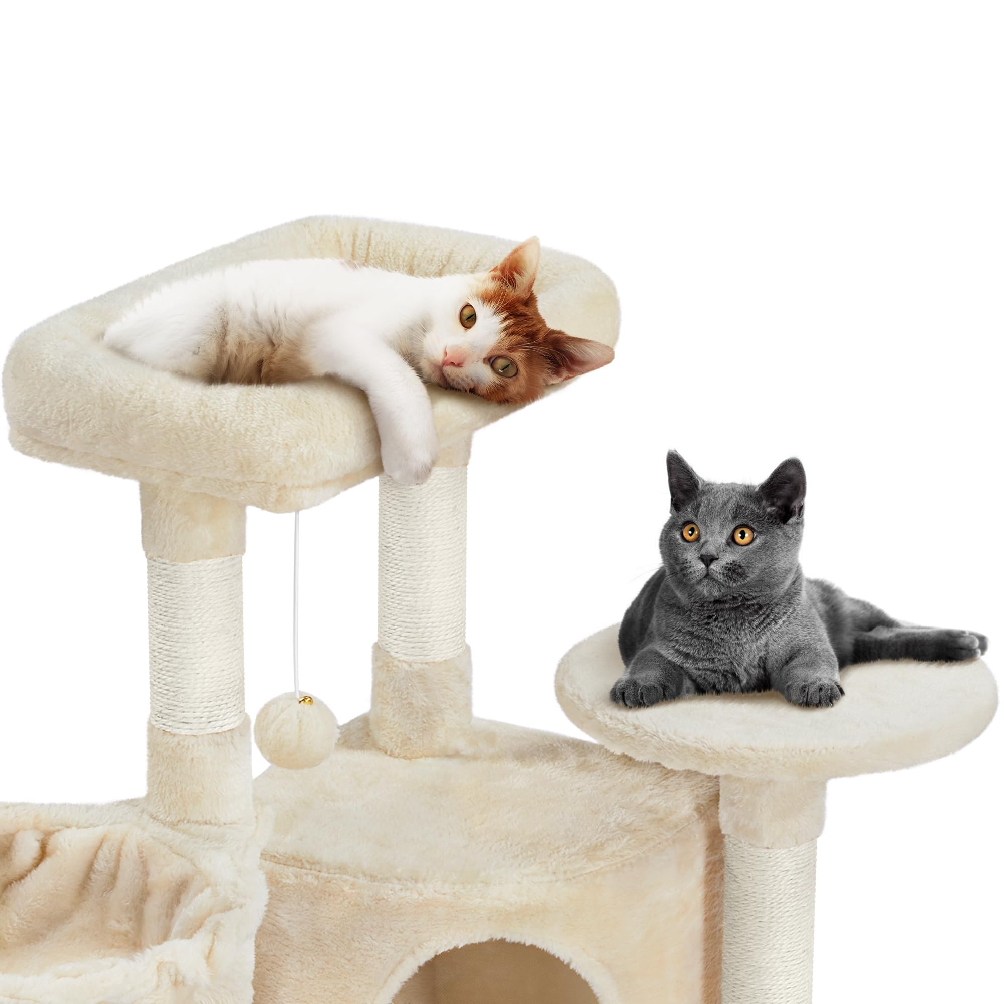 Tiragraffi per Gatti Alto 106 cm Albero per Gatti Multilivello in Peluche con 2 Trespoli 1 Grotta 1 Cestino 5 Pali in Sisal e 1 Pompon Beige