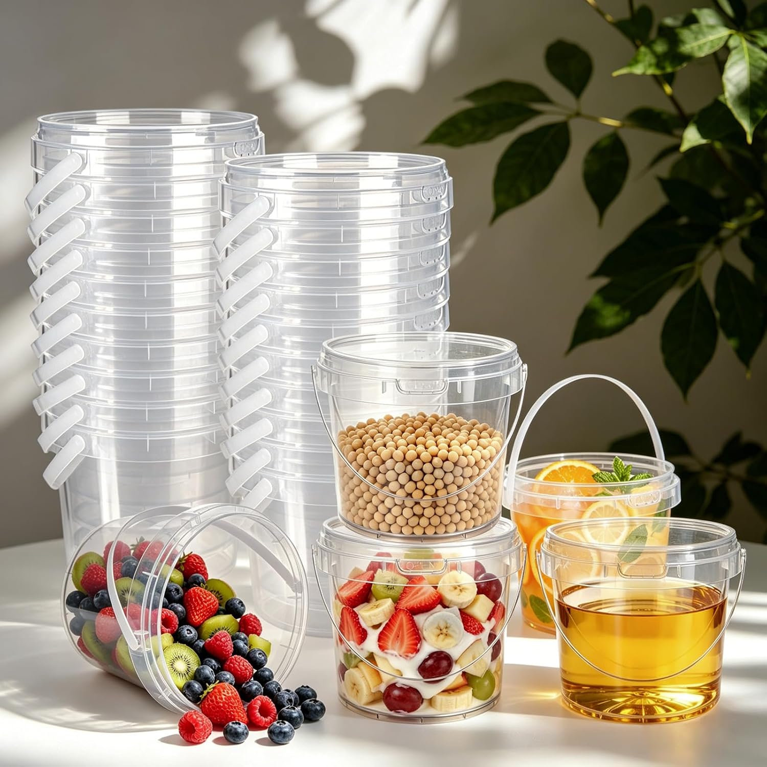 20 Pack 50 oz Clear Buckets with Lids and Handle Food Frade Plastic Bucket | Leakproof, Stackable, Deli Food Storage Containers for Drinks Meal Prep Freezer Safe Ice Cream Tubs