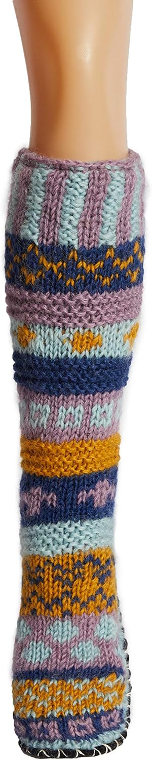 Tibetan Socks Hand Knit Wool Fleece Lined Long Slipper Socks with Non Slip Soles