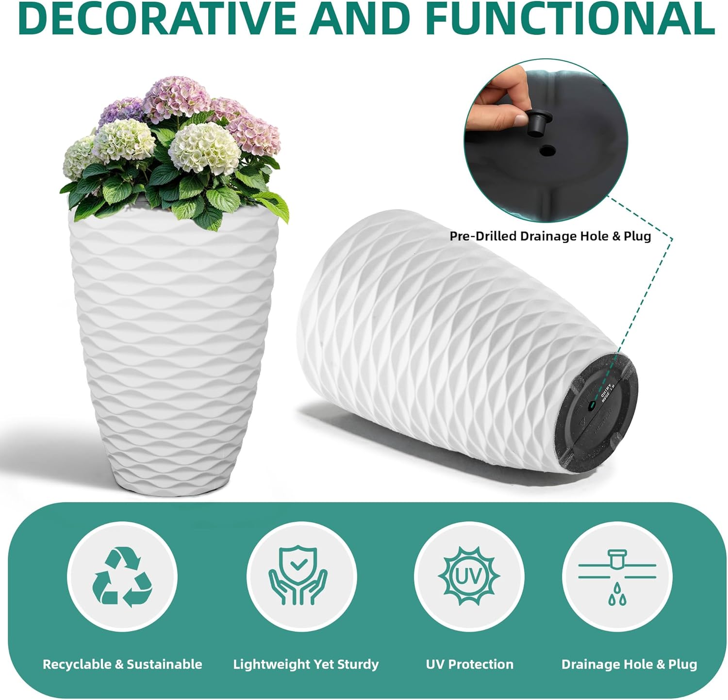 19" Nordic Wavy Tall Outdoor Planters, Set of 2 Ultra Durable Resin Large Flower with Drainage Holes, Weather-Resistant Outdoor Planters for Garden Patio Porch Balcony Living Room Office Decor