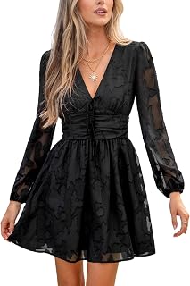 CUPSHE Women V Neck Mesh Floral Long Sleeve High Waist Mini Dress