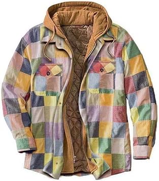 Mens Thicken Plaid Hooded Shirt Jackets Warm Hooded Zip Up Quilted Lined Coat Heavyweight Padded Outwear