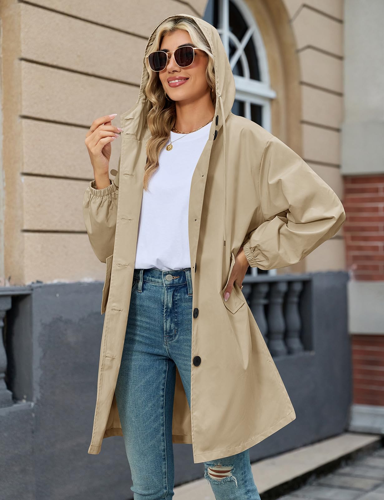 Vancavoo Gabardinas de Mujer Abrigo Largo Trench Coat Cortavientos Primavera Casual Chaqueta con Capucha