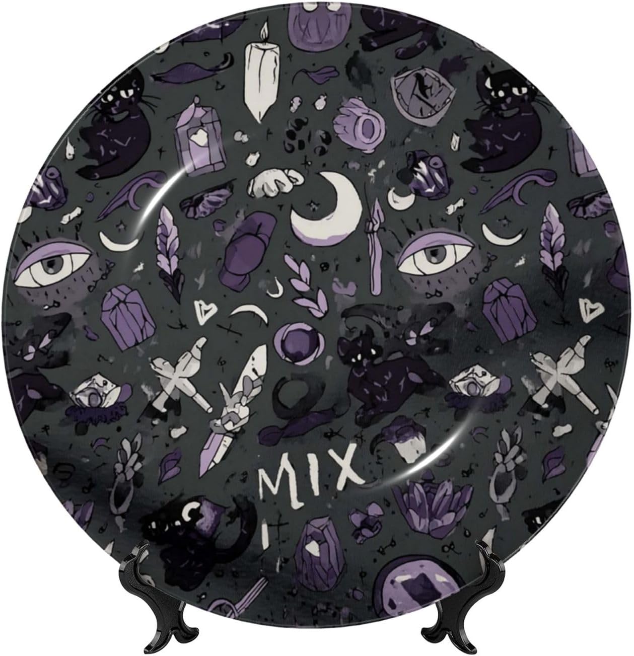 Decorative Plate 10in Bone China Dessert Plates with Display Stand Ceramic Ornament Ceramic Purple Black Goth Spooky Decorative Plates Art Crafts Porcelain Plate for Home Club Living Room