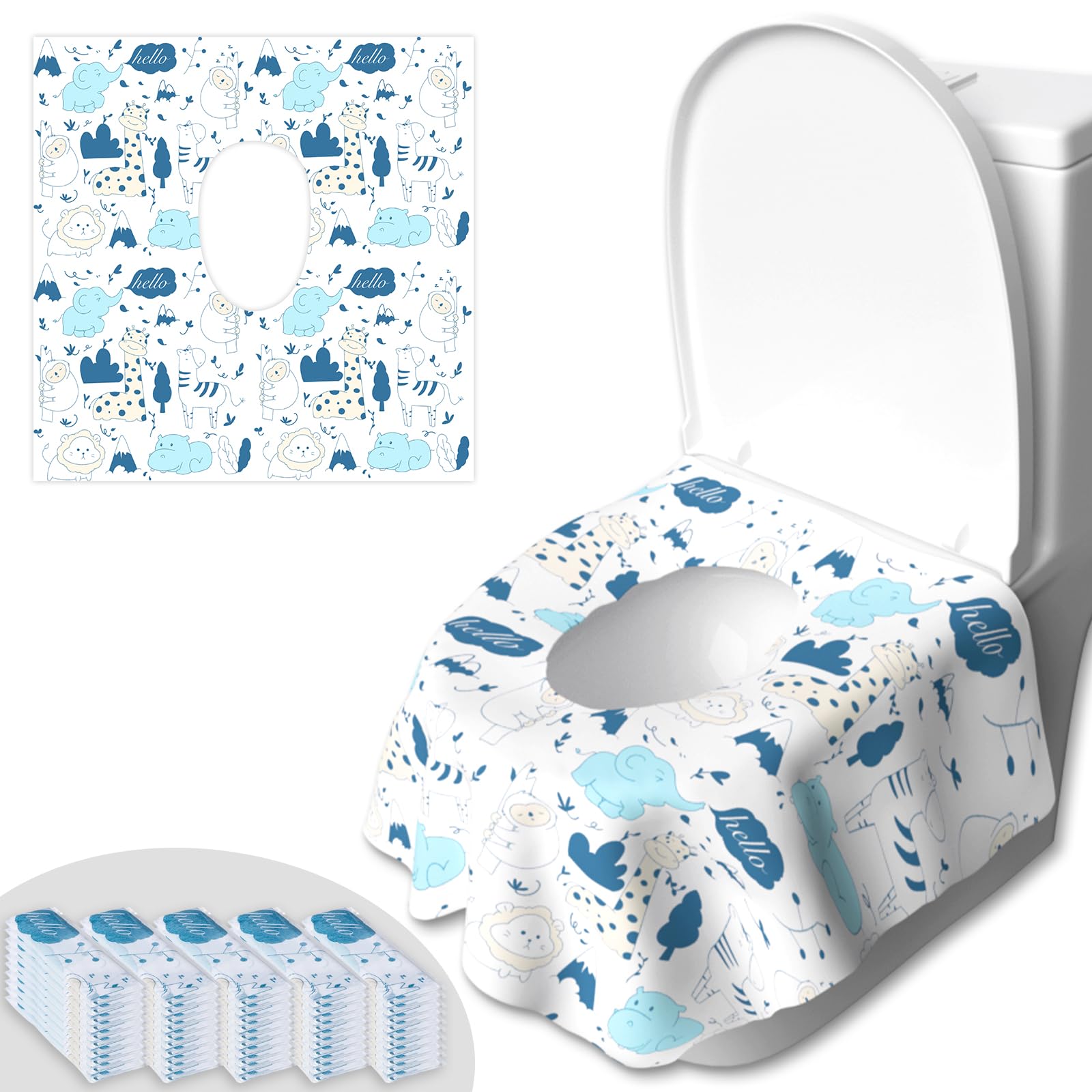 50 PCS Disposable Toilet Seat Covers, Extra Large Portable Potty Seat Covers for Toilet, Bathroom, Toddler & Kid Potty Training Seat Cover, Travel Essentials for Airplane, Trip-Animal