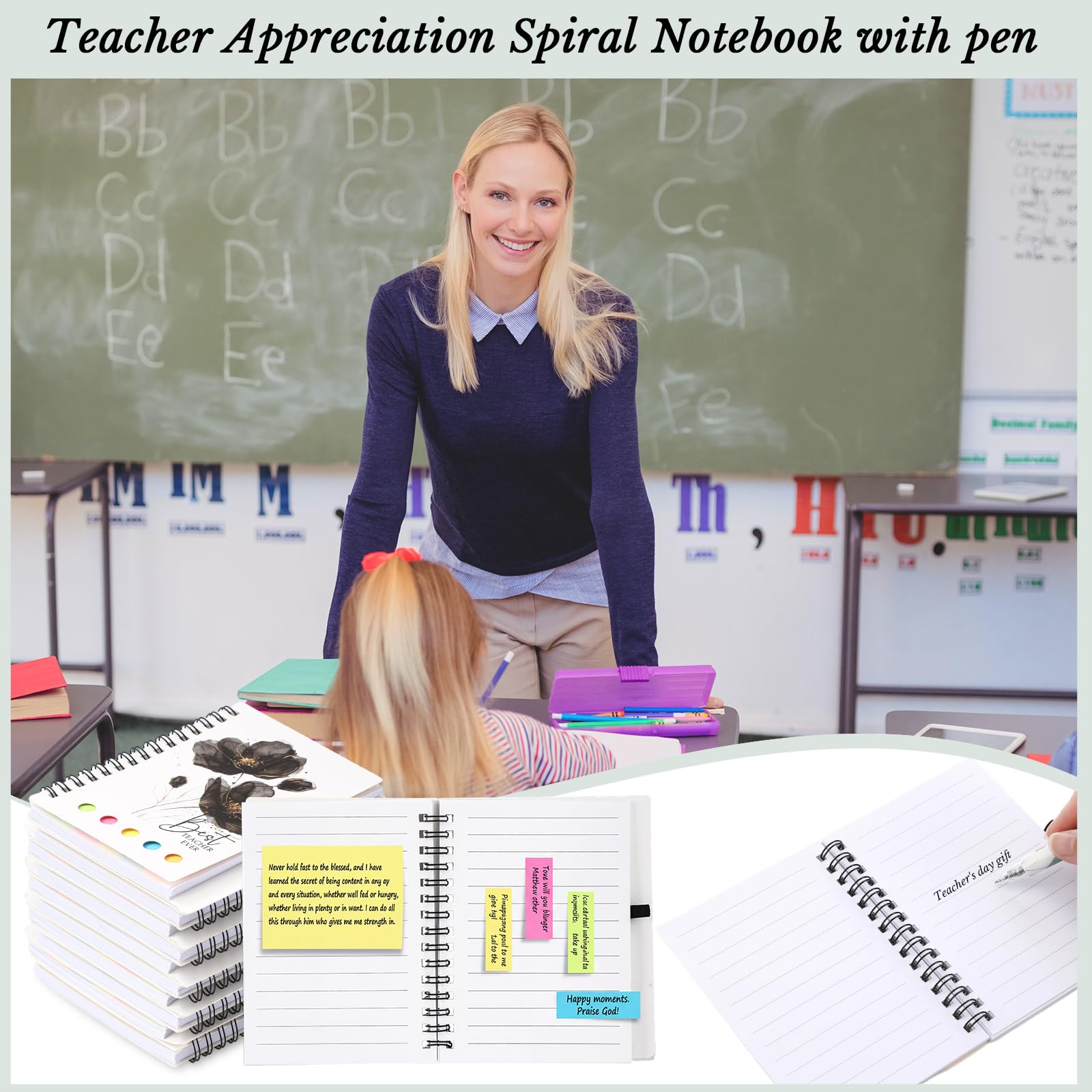 Glenmal Set di 50 quaderni a spirale per insegnanti e dipendenti, regalo di ringraziamento per insegnanti di studenti, con penne in bambù per forniture per ufficio