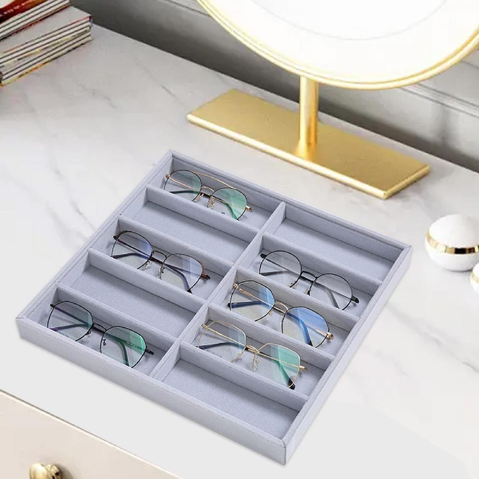 Tiiyee Organizador de Gafas, Organizador Gafas Caja 12Rejillas para Gafas Sol Bandeja Exhibición Terciopelo Las Lentes Clasificación Sol la Almacenamiento Colección Joyas